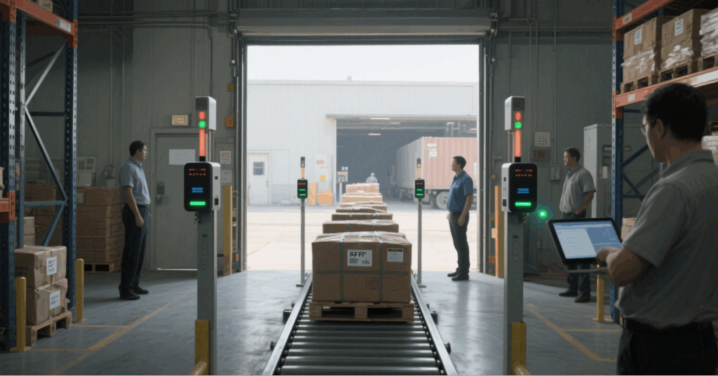 RFID gate reader automatically detects inbound and outbound goods in the warehouse aisle.