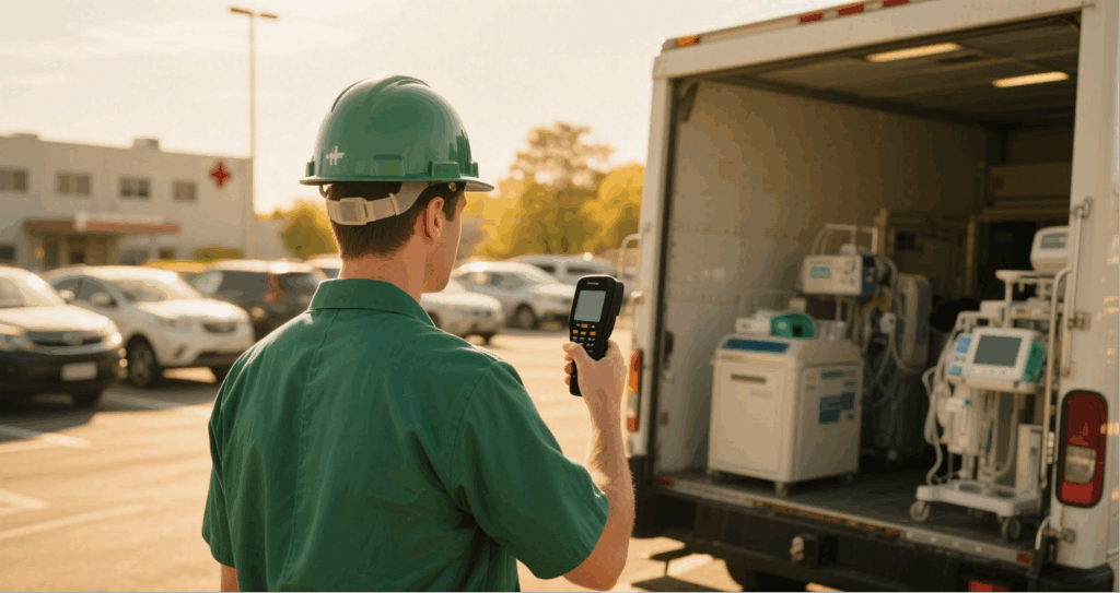 Hospital technician scans medical device with an RFID handheld reader to track its real-time location and usage status