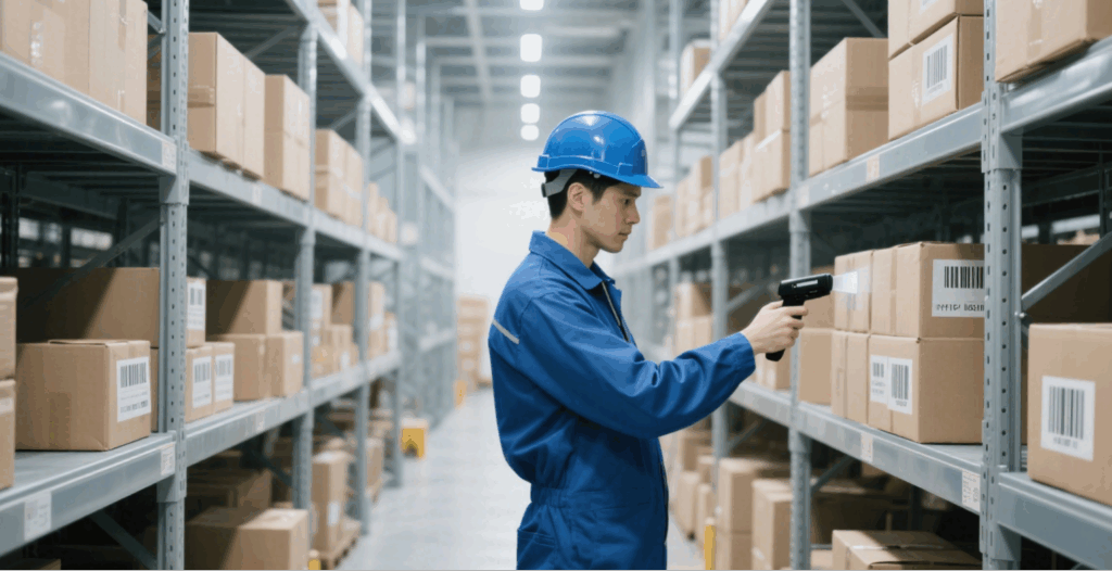  A warehouse staff member scans items using a handheld RFID reader to boost operational efficiency.