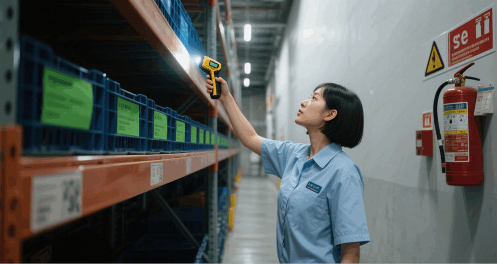A warehouse operator scans high-shelf tags using a long-range RFID handheld reader.