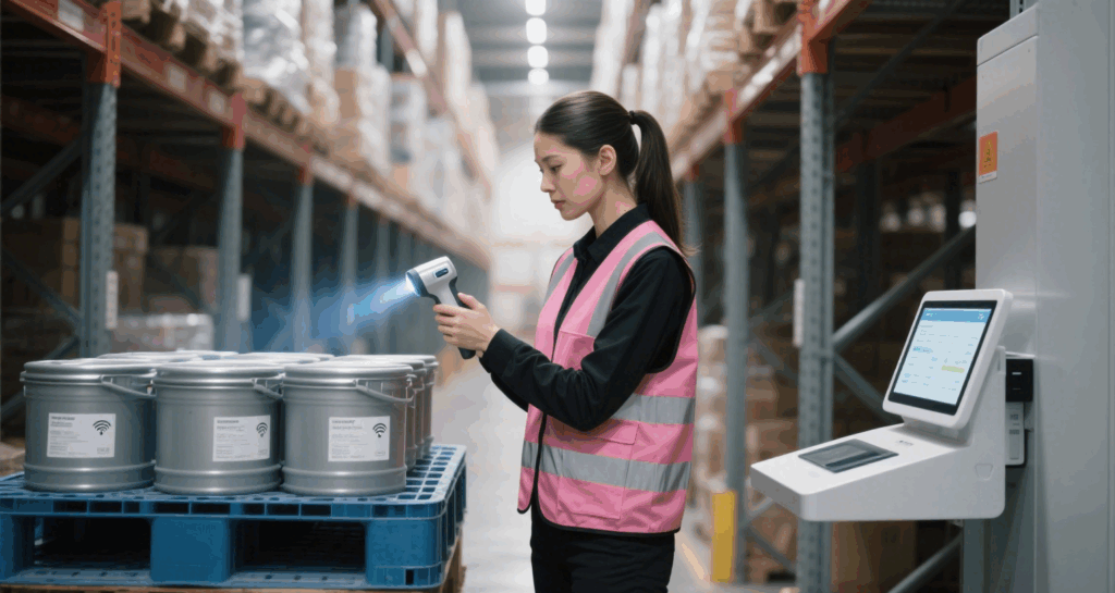 In a logistics warehouse, a worker scans pallets using a handheld RFID reader to enable automatic goods entry.