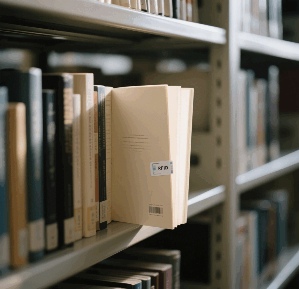 RFID tags are typically placed on the inside cover of books for easy identification and reading.