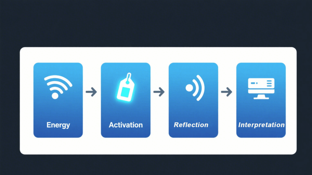 Passive RFID Communication Flowchart (Energy → Activation → Reflection → Decoding)