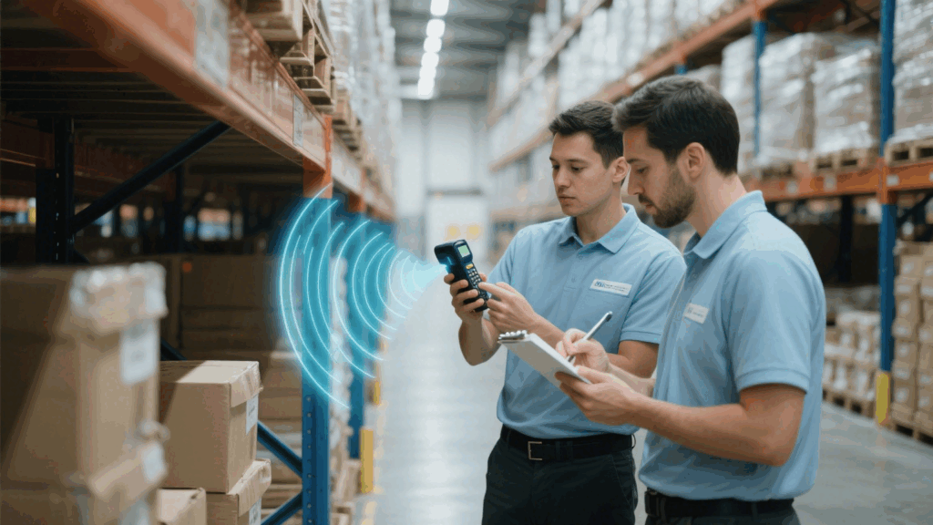 Illustration of a worker using an RFID handheld terminal for inventory counting in a warehouse