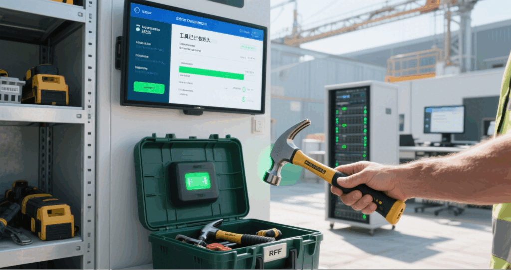 Depicts workers borrowing tools from RFID-enabled toolboxes with data uploading to the management platform in real time.