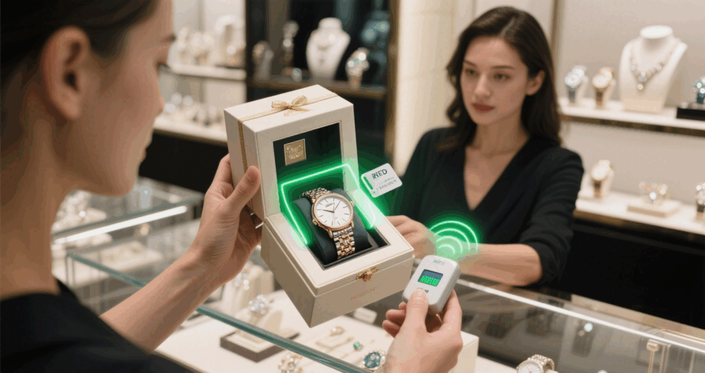 Reader transmitting signals to activate and read RFID tag on merchandise
