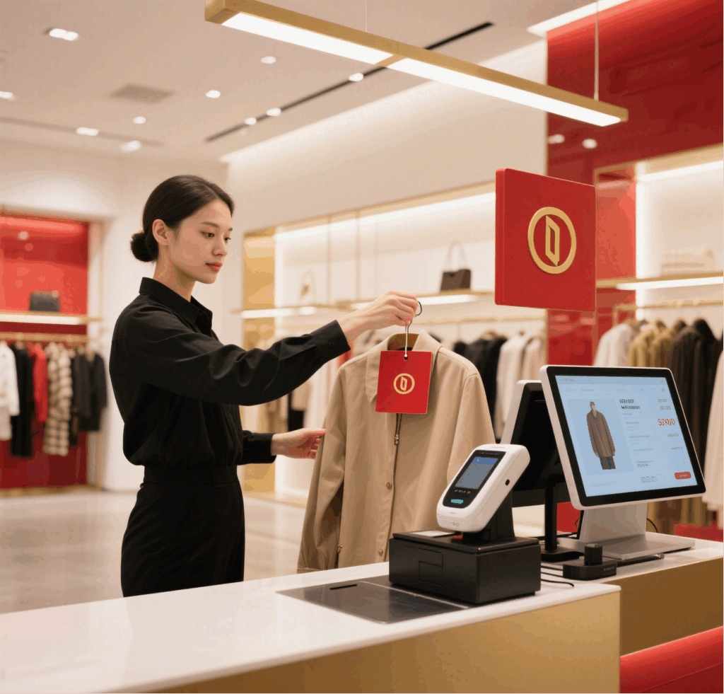 Retail RFID hang tag with branding and embedded chip
