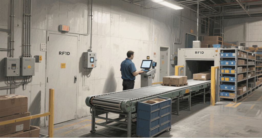 Worker at the receiving zone uses RFID devices to automatically verify incoming goods