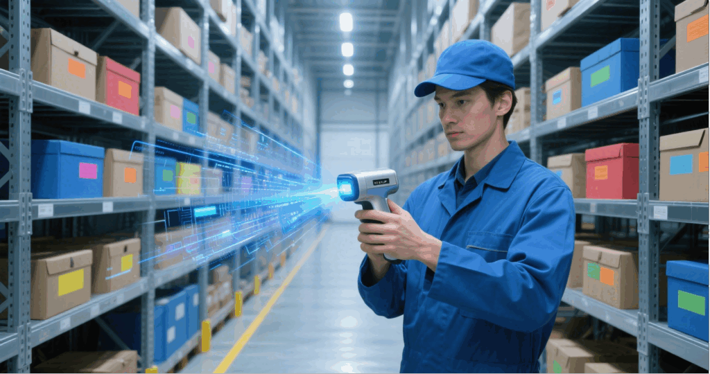 RFID scanner efficiently reading shelf labels in a warehouse setting