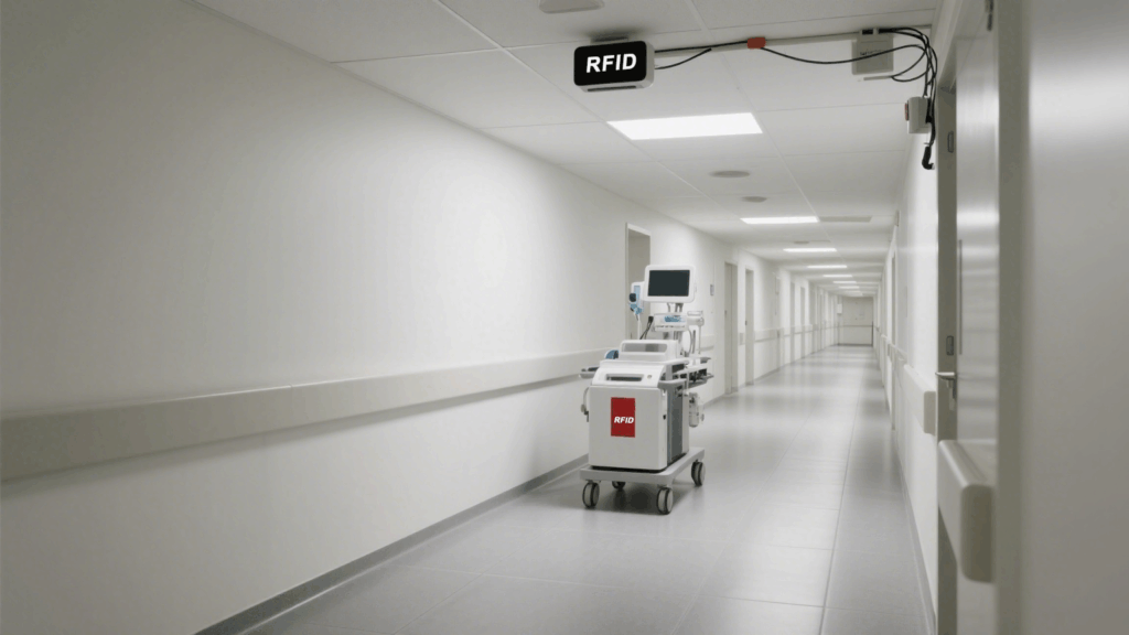 Fixed RFID readers installed in hospital hallways for automated tracking of device movement