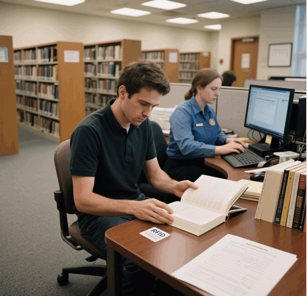 The RFID system scans the tags inside books through access control devices to ensure books are not taken without being properly checked out.
