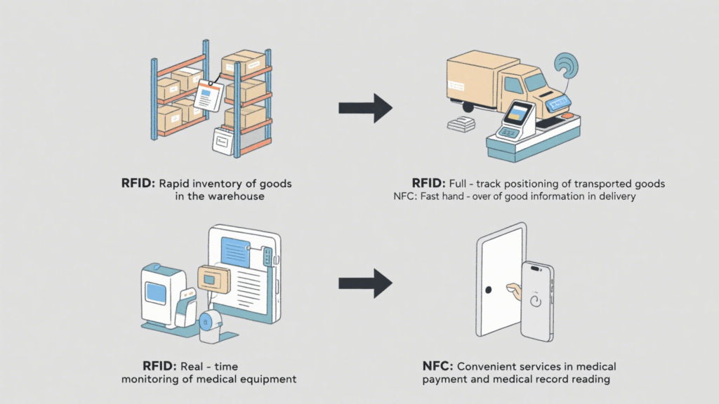 Visualization of how NFC and RFID are used in retail, logistics, healthcare, and smart access control.