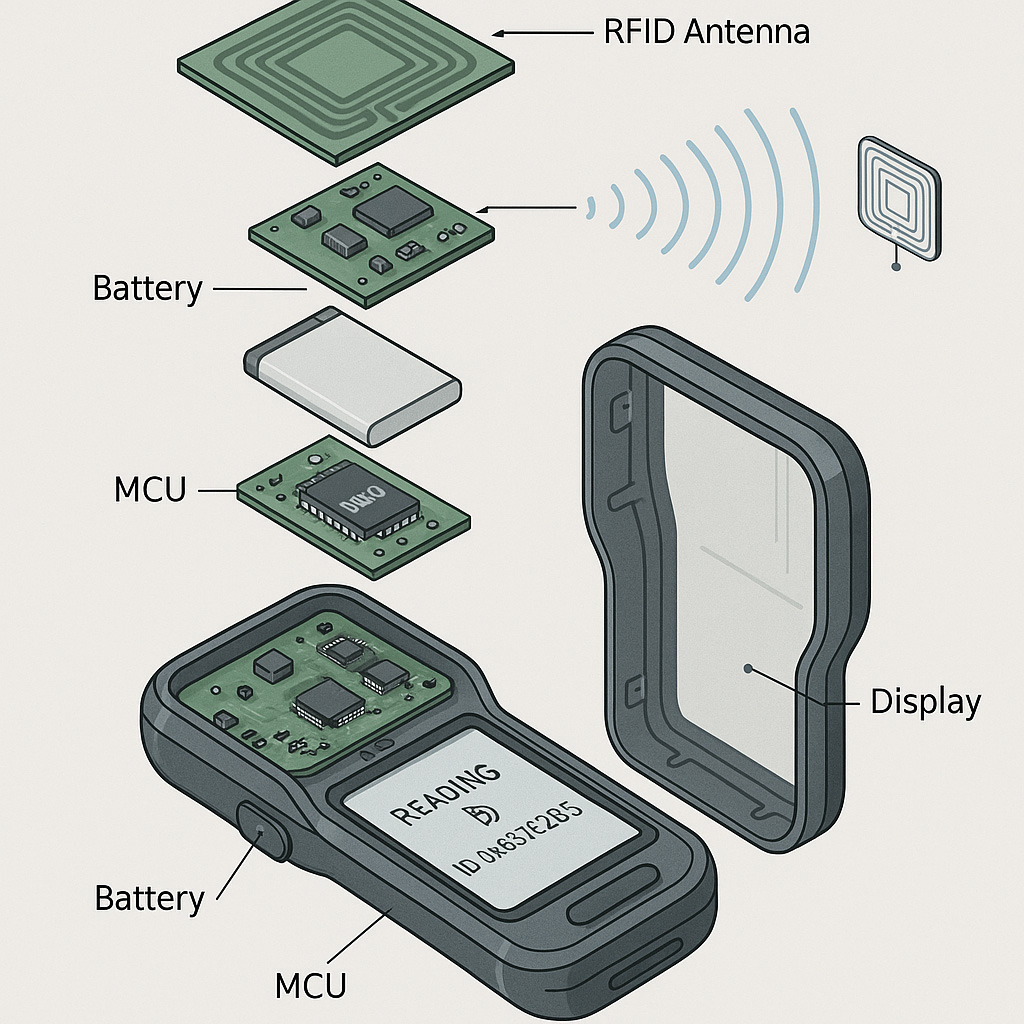 Inside view of a handheld reader showing RFID module, antenna, battery, and operating system interface
