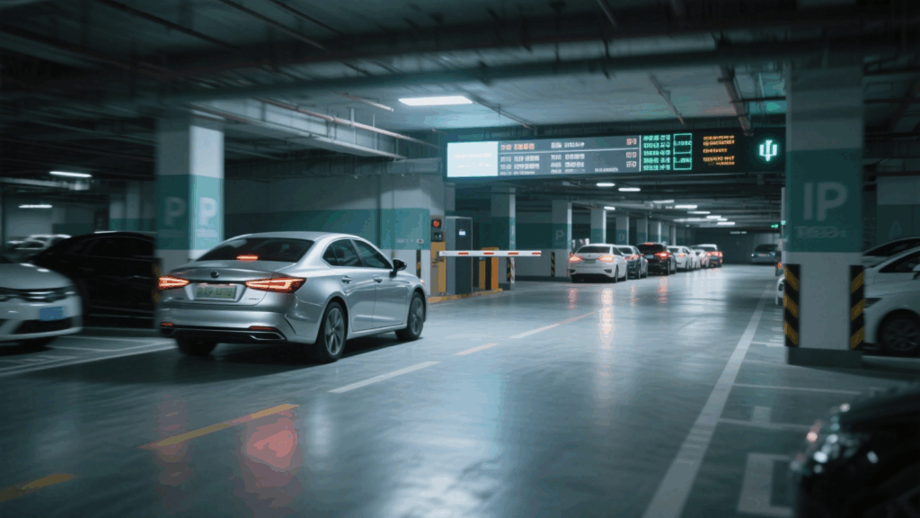 RFID-tagged vehicle passes through parking lot gate without stopping, digital screen displays vehicle info.