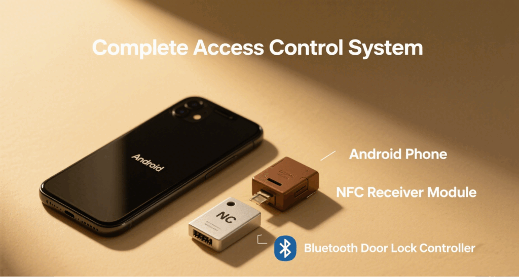 Show real photos of each component (Android phone, NFC module, Bluetooth controller) and a simple hardware setup diagram.