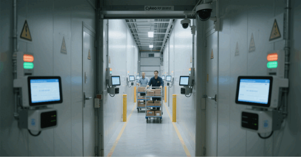 Cykeo fixed RFID reader monitoring asset movement at a facility gate