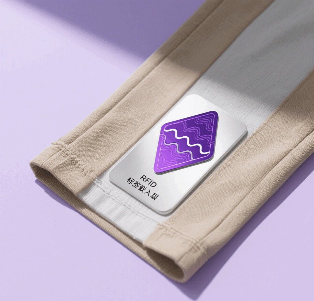 RFID tag embedded between fabric layers of clothing