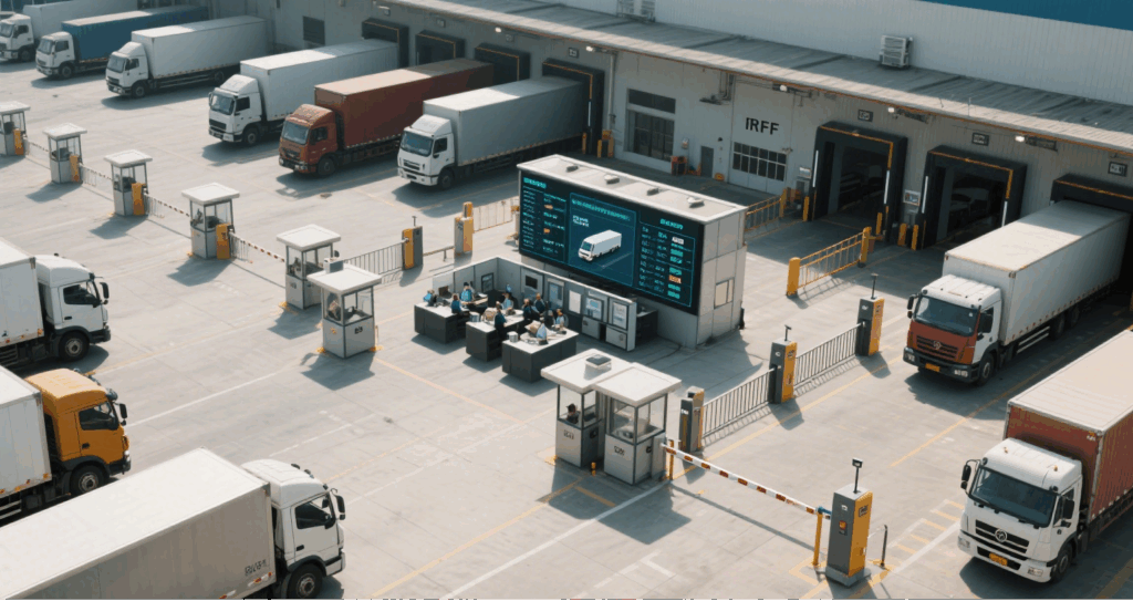 An RFID security gate installed at the warehouse entrance, integrated with an alert system to ensure secure access control.
