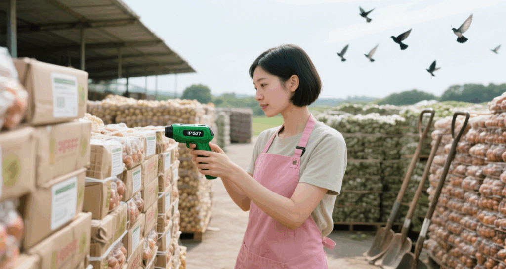  A worker operates an IP67-rated RFID handheld reader in an outdoor yard environment.