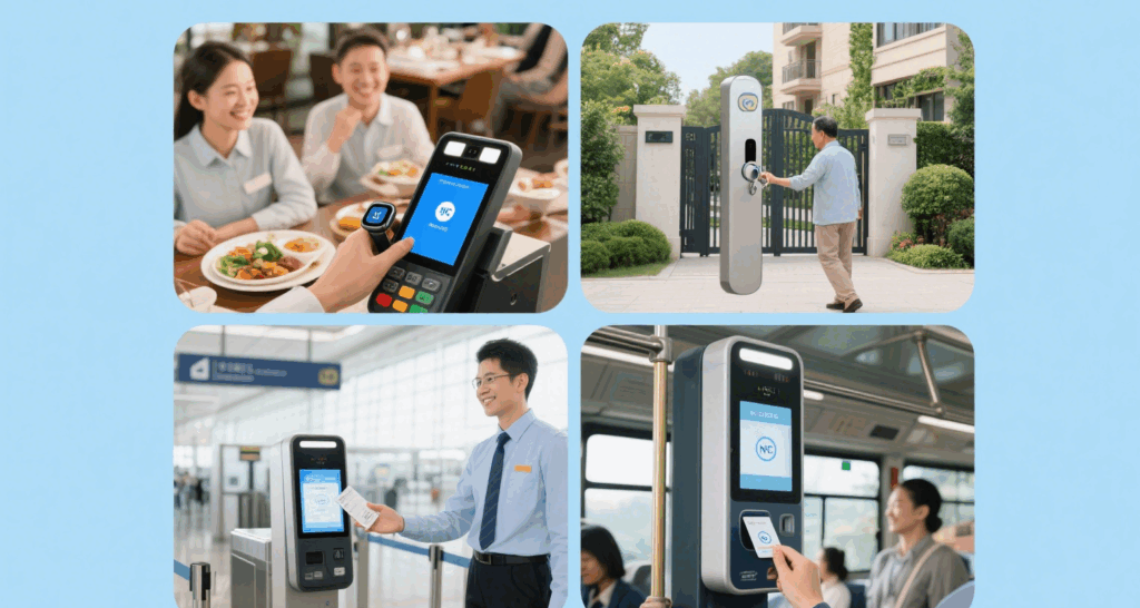 Use cases of NFC in mobile payment, access cards, and identity authentication.