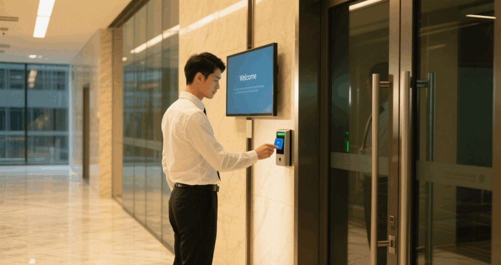 Staff member taps programmed RFID card for entry; the system automatically identifies and grants access.