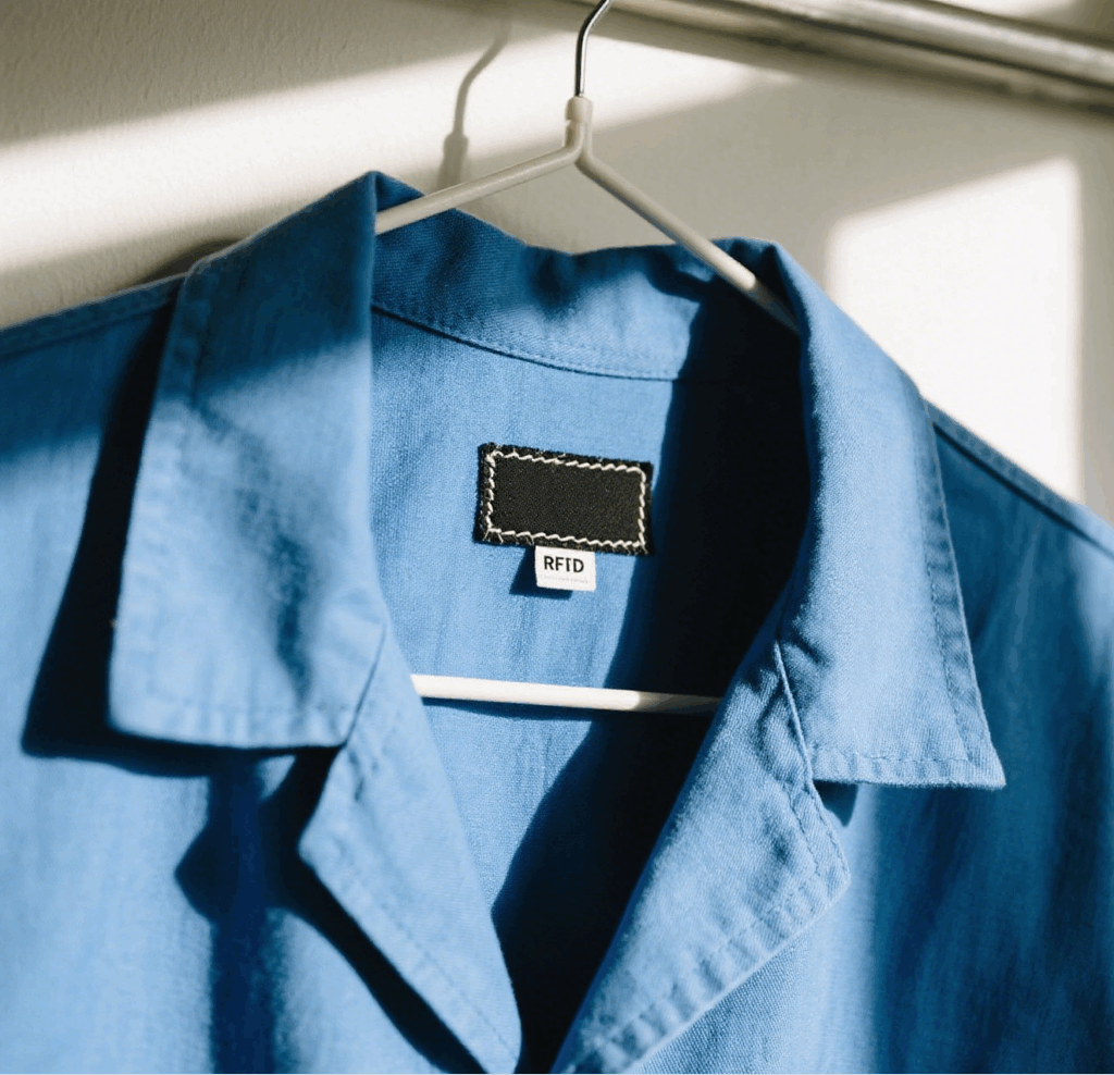  RFID tag sewn inside collar of work uniform
