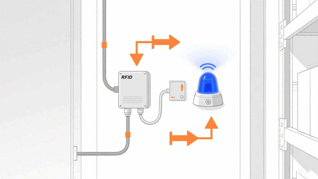 Illustration of warehouse gate alarms linked with RFID detection.