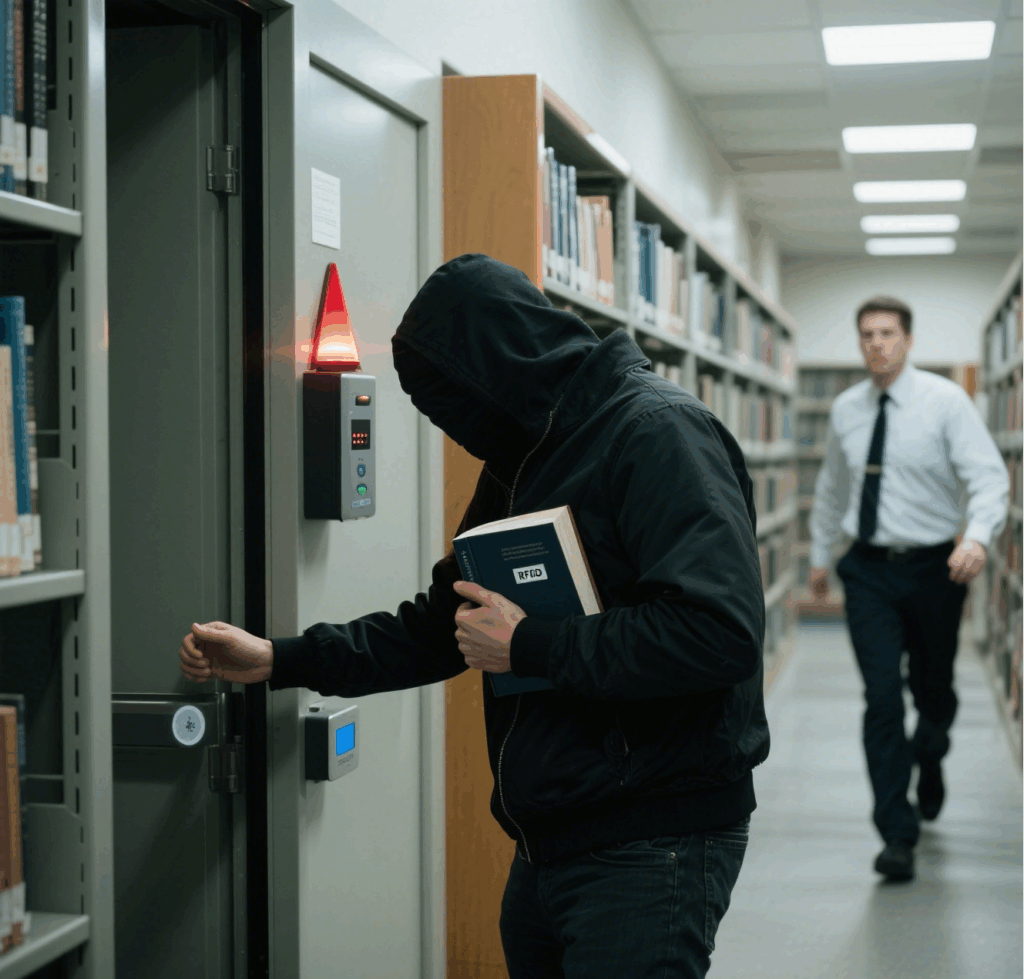 RFID tags work with security systems to ensure library safety.