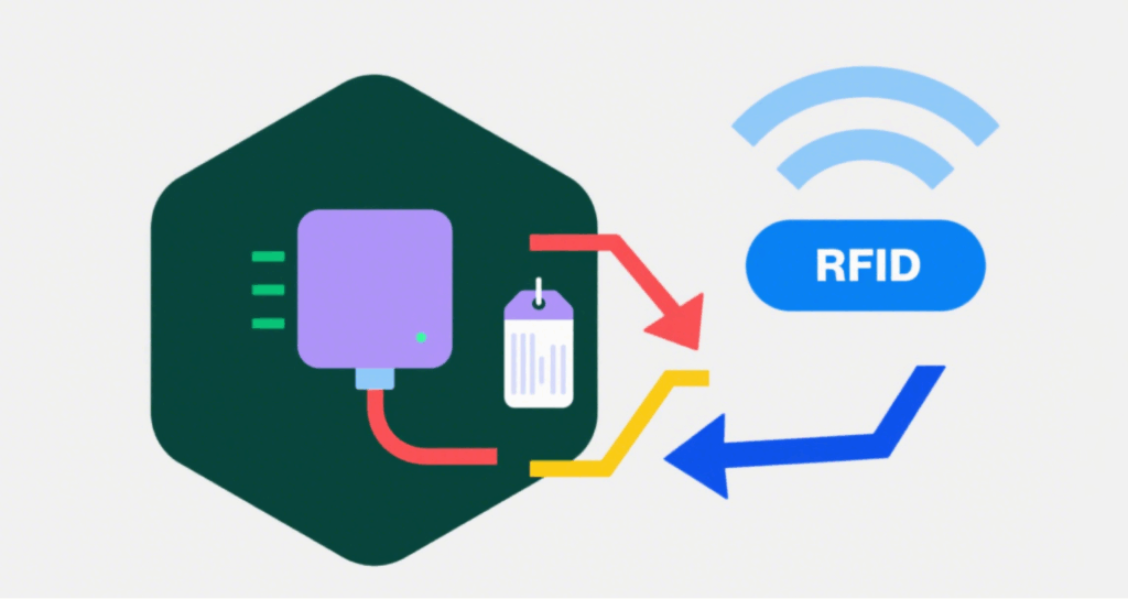 A diagram showing RFID readers interacting with tags and uploading data to the management platform.
