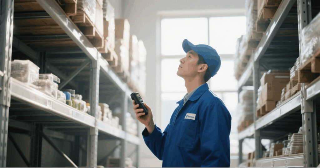 Staff using an RFID Bluetooth Reader to audit items on warehouse shelves