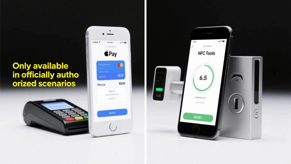  iPhone using NFC for Apple Pay vs. Android phone simulating access card, showing iPhone NFC limitations.