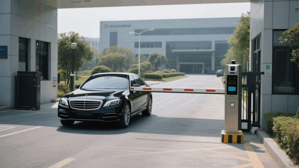 Corporate gate system recognizes RFID-tagged vehicles and opens the barrier automatically.

