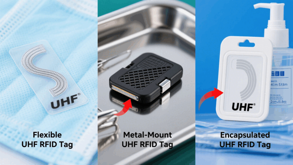 Illustrated styles of UHF RFID tags used on medical devices, consumables, and metal surfaces