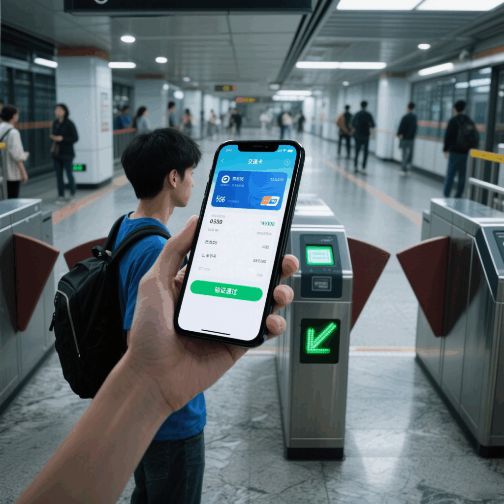 Using smartphone’s NFC function to tap into the subway gate.