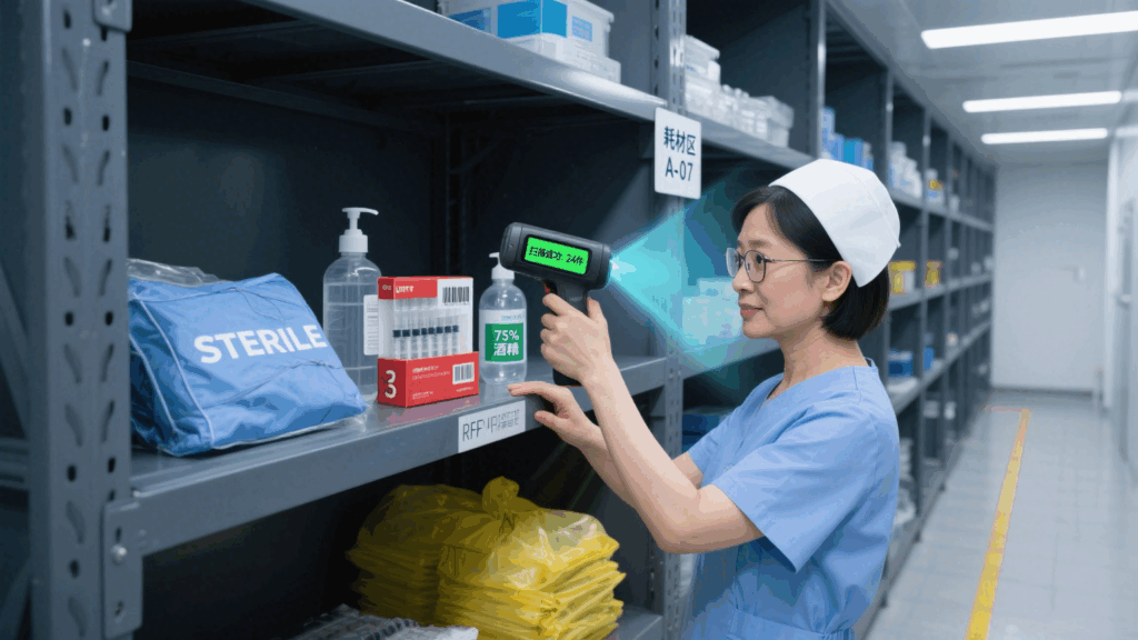 A hospital warehouse uses UHF RFID for fast, accurate inventory of medical supplies