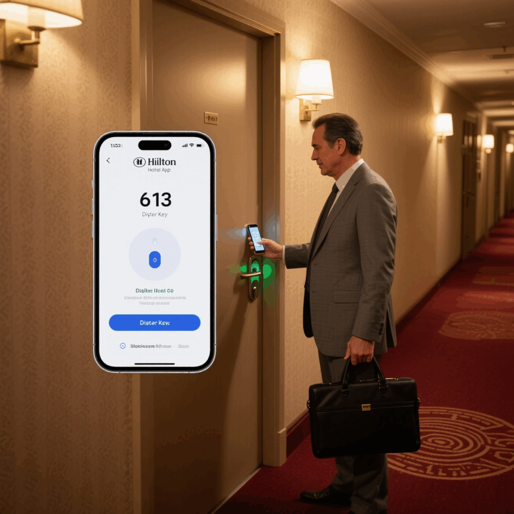 Using the Hilton hotel app’s digital key feature.