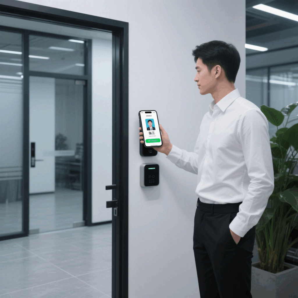 Employee uses Android phone as simulated access card to enter the office.
