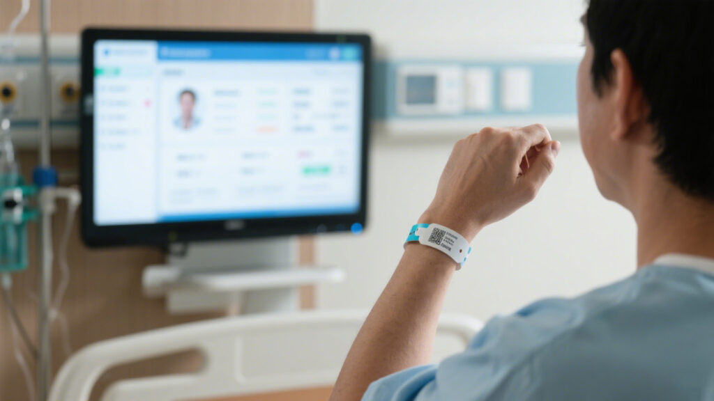 Showing RFID technology used for patient identity verification and tracking, such as patients wearing RFID wristbands with real-time system display ensuring safety.