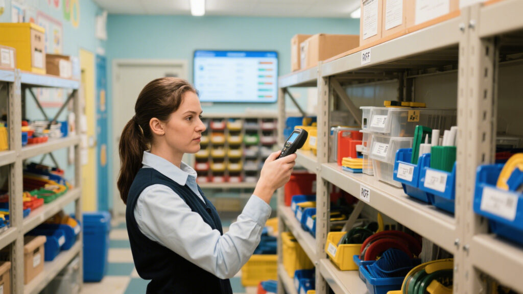 Teachers use a handheld RFID reader to scan teaching equipment, with data updated in real time