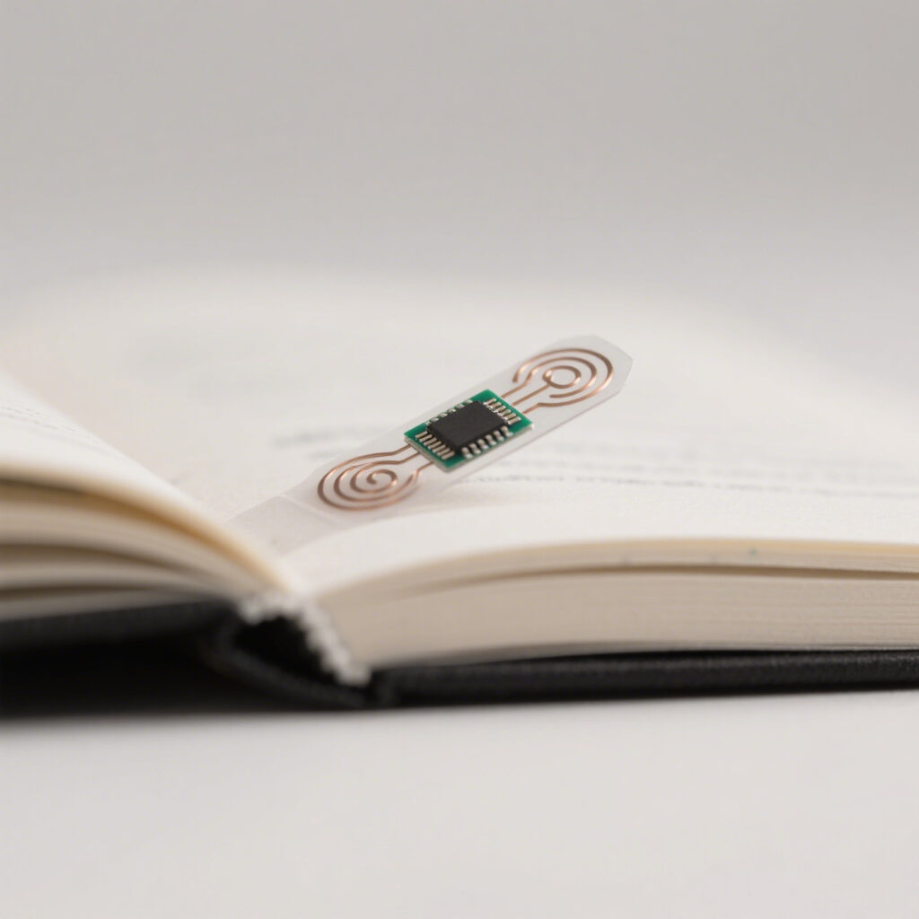 Ultra-thin RFID tags embedded within book pages, ideal for smart book management in libraries and bookstores