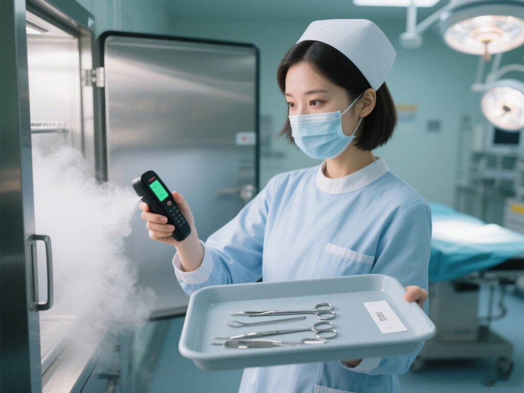 Nurse scanning a tray with an RFID reader