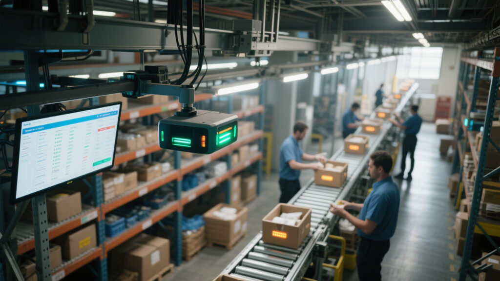 Ceiling-mounted RFID reader scanning boxes moving along a conveyor or aisle