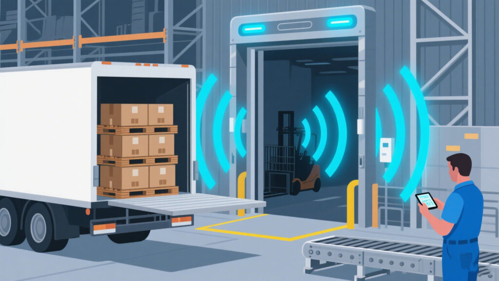 RFID gate at the entrance emits scanning waves across pallets automatically.