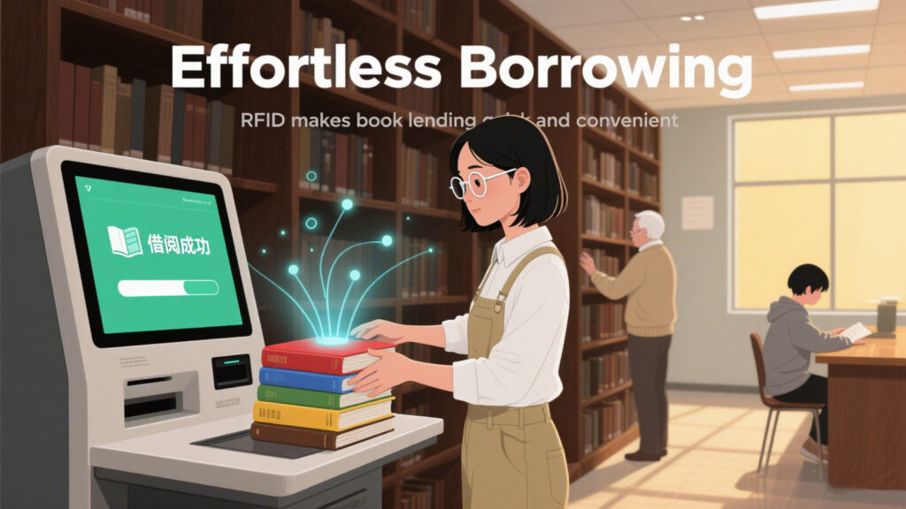 library self-service station where a person is borrowing multiple books at once