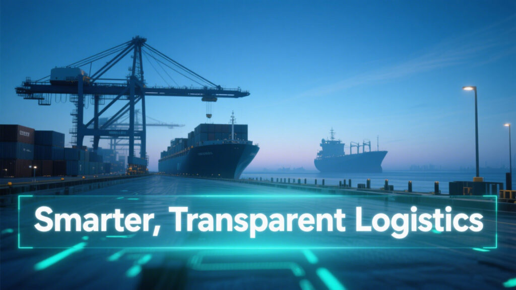 Trucks, shipping containers, and a logistics route map overlaid with RFID signals