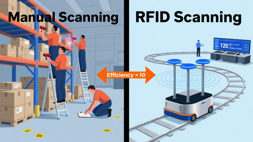 workers manually scanning boxes with barcode scanners vs RFID robot/vehicle quickly scanning racks with digital waves