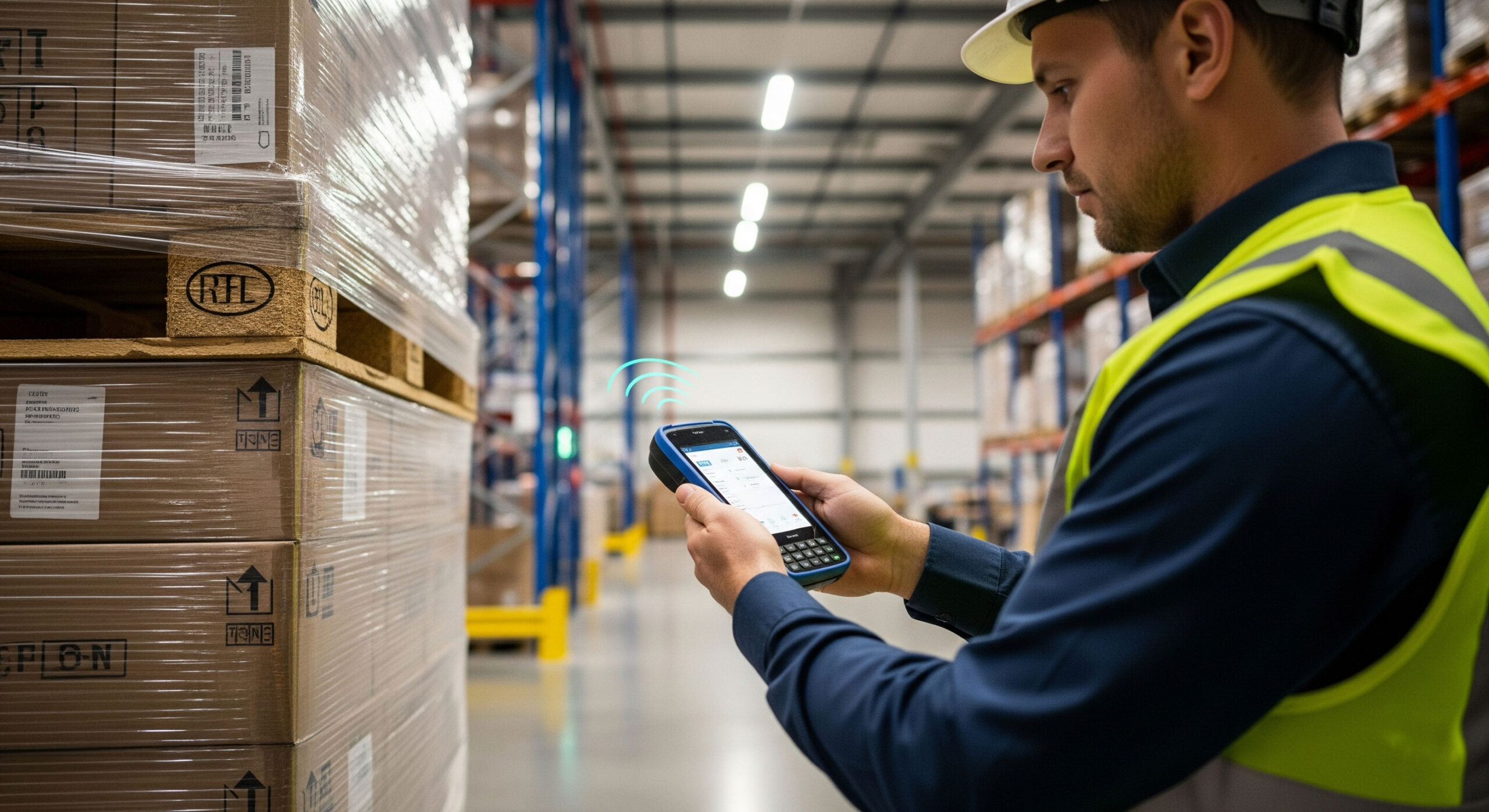 Android RFID Handheld Reader in use scanning a tall pallet scaled