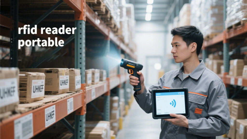 Staff using handheld RFID reader to scan warehouse shelves