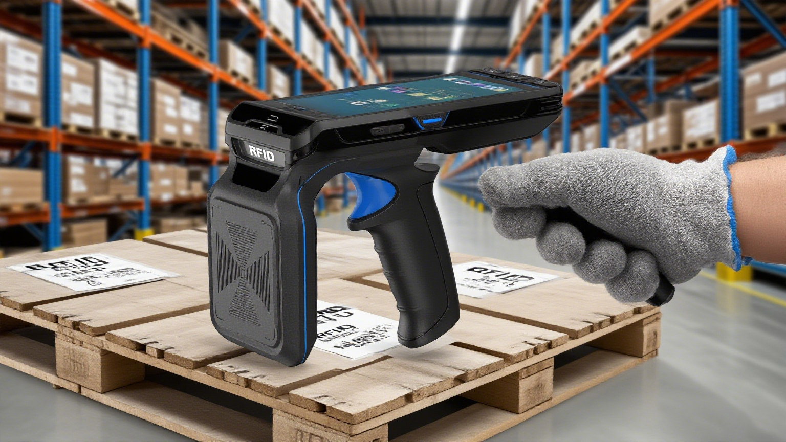 Operator scanning pallets with a CK B3L handheld RFID readers