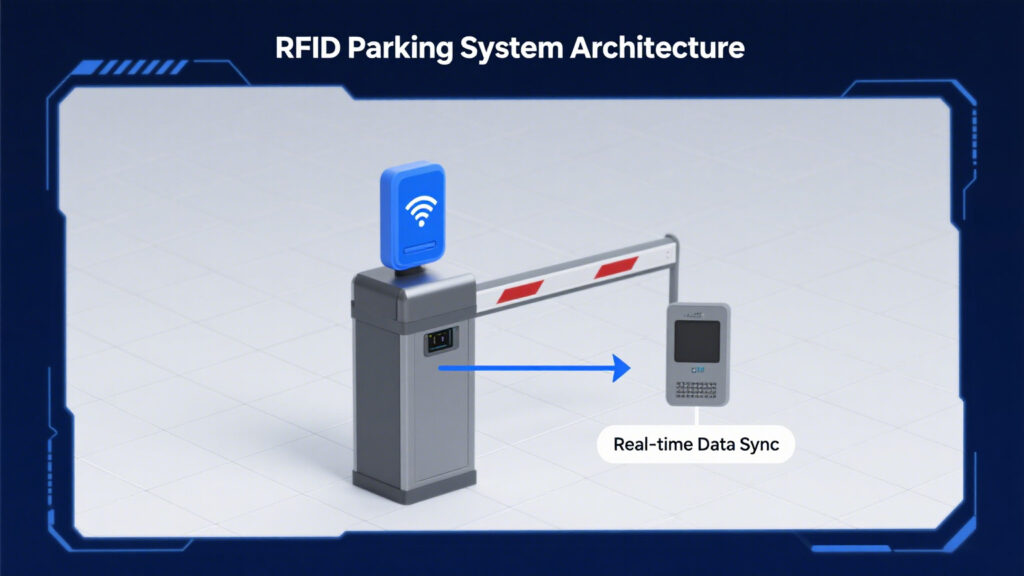 Visualize the overall structure of an RFID-based parking system from entrance to data management.